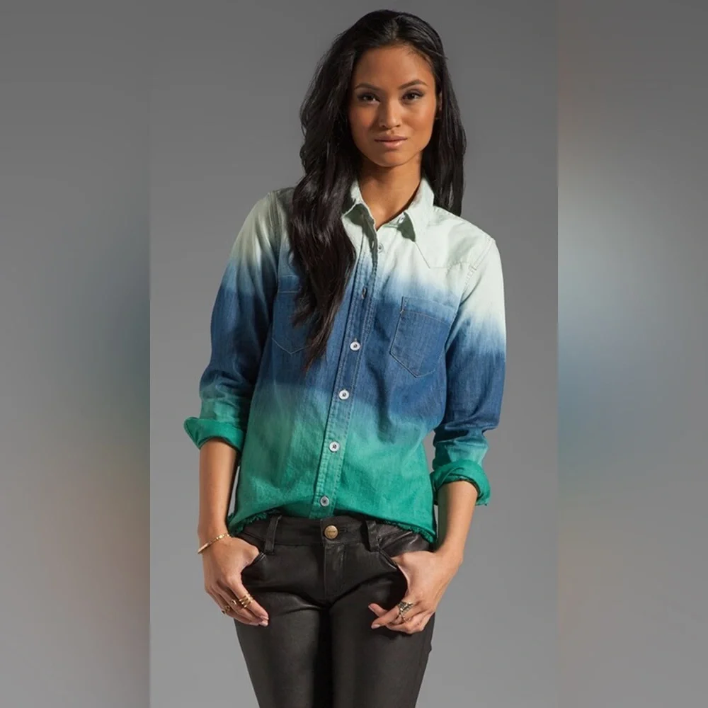 Free People Before Sunrise Ombré Button Down Shirt Blue/Green Size Small - Picture 4 of 13